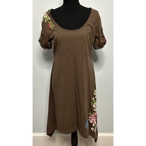 JW Los Angeles Johnny Was Brown Embroidered Handkerchief Hem Cotton Dress Large